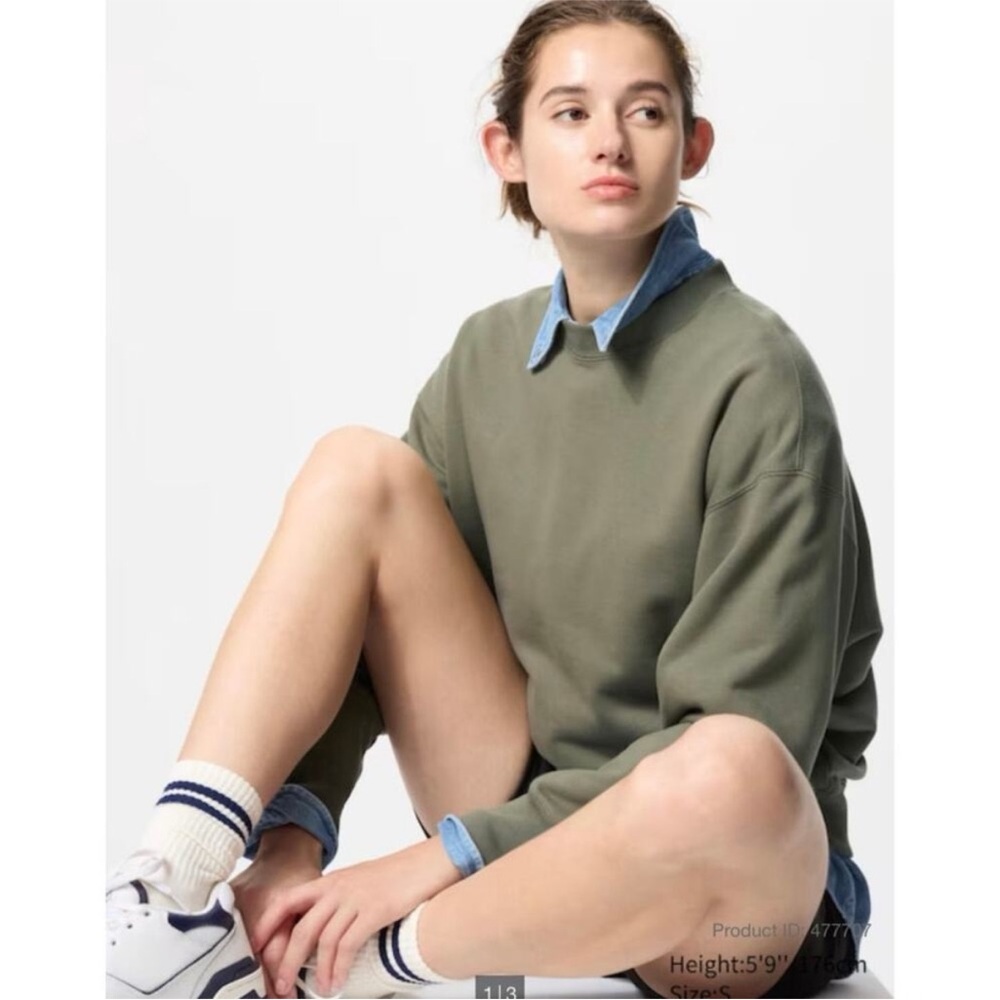 Uniqlo U Cotton Olive Green Crewneck Crop Length Sweatshirt Size Large